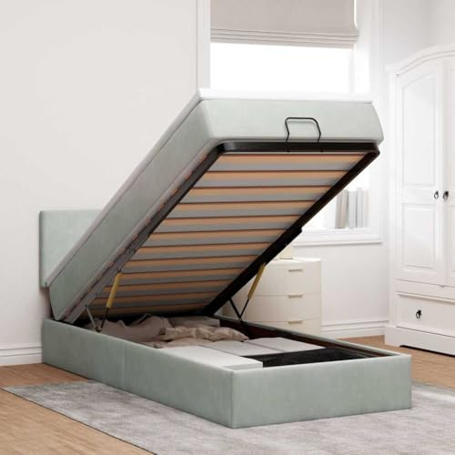 Hoopleep Ottoman förvaringssäng med mattress, ljusgrå 100 x 200 cm, sammetsmonterad plattformsram, integrerat headboard, fickvårmattress, hydraulisk lyftmekanism för förvaring under säng