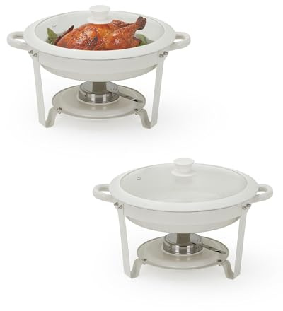 LinTimes 2PCS Maifanite Stone Coated Chafing Dish Buffet Set, 5-Litre Non-Stick Food Warmer Buffet Server with Glass Lids, Round Bain Marie Catering Serving Equipment for Weddings & Parties