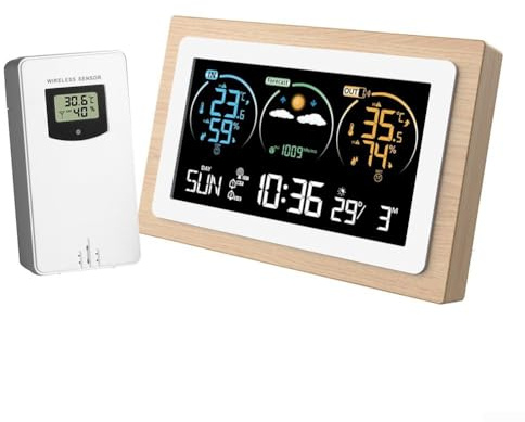 Durashmall Stazione meteo wireless con telaio in legno sensore esterno interno ed esterno termometro misurazione umidità e pressione barometrica funzione sveglia digitale USB Pow