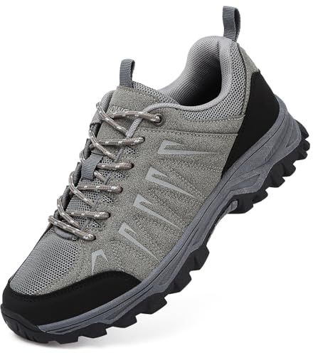 HaloTeam Trekking Shoes Mens Outdoor Travelling Walking Shoes Non-Slip Lace-up Hiking Boots,Grey,8.5 UK