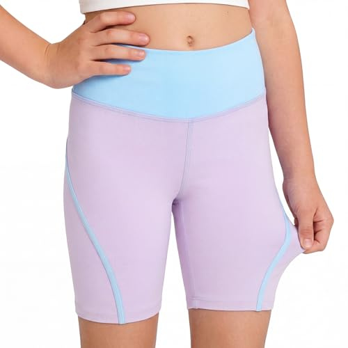 Tokeya cykelshorts för flickor hög midja töjbar sport kort ålder 4-13 år, Lila, 10-11 År