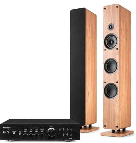 Audizio Arco – Pack 2 Altavoces de Torre pasivos de 320W, Amplificador AD220B Bluetooth 5.0, Entrada óptica, Salida subwoofer, Equipo Sonido para TV y Sistema Home Cinema HiFi, Color Madera Clara