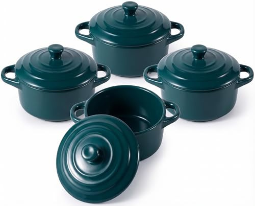 Vabrloy 4 Pack Mini Cocotte Set, 16 oz Small Durable Soup Pot, Dark Green