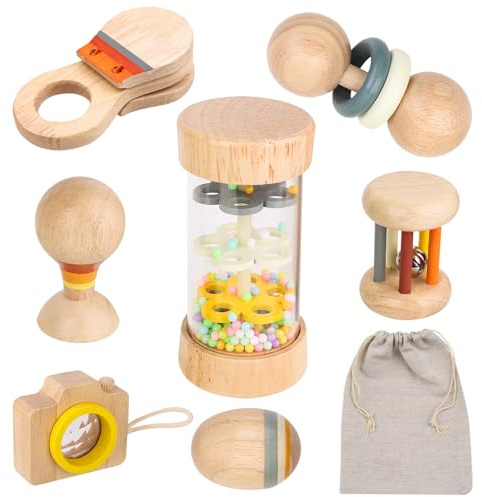 LYOKELC Regenmacher Baby Rassel Set, 7-teiliges Holzspielzeug