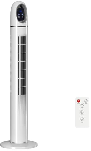 HOMCOM Ventilatore a Torre per Camera da Letto, Ventilatore da Pavimento Oscillante a 70°, 4 Modalità, 3 Velocità, Timer 24 Ore, Display LED e Telecomando, 110 cm, Bianco