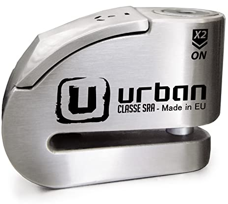 URBAN UR14S Candado Moto Sin/Con Alarma Hi-Tech 120dB+Warning+LED, Máxima Seguridad Homologado SRA Doble Cierre 14mm, Sensibilidad A+, Acero Inoxidable, Antirrobo Moto Pinza Cepo Disco Freno