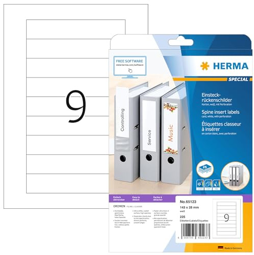 HERMA 65123 Einsteckrückenschilder für Ordner perforiert kurz schmal, 25 Blatt, 143 x 28 mm, 9 pro A4 Bogen, 225 Stück, bedruckbar, matt, blanko Karton Einsteckschilder Rückenschilder, weiß