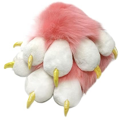 Furryvalley Fursuit Pfoten Handschuhe Kostüm Pelzigen Teilweise Cosplay Fluffy Claw Gloves Costume Lion Bear Props for Kids Adults (Rosa)