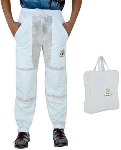 BeeProGear Sting-Proof Beekeeping Pants for Men & Women, Ventilated 3-Layer Mesh Bee Trousers with Tool Pockets & Carry Bag - Beekeeping Gear Pants, Ventilated Beekeeping Pants (White, Large).