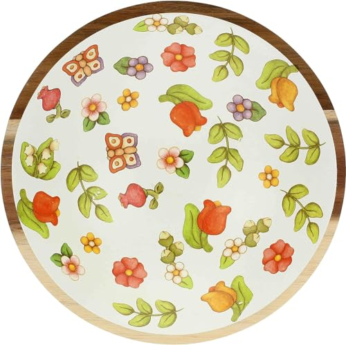 THUN, Ciotola in Legno d'Acacia Smaltato Decorato a Mano con Motivi Floreali, Versione Maxi, Linea Happy Country, 23x23x6.5 cm