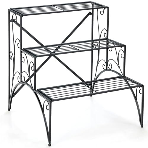 TANGZON 3-Tier Metal Plant Stand, Vintage Flower Pot Storage Rack, Outdoor Decorative Ladder Plant Display Shelving Unit for Yard Patio Balcony Garden