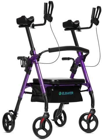 ELENKER Heavy Duty Upright Rollator Walker with Extra Wide Padded Seat and Backrest, Bariatric Stand Up Rolling Walker, Fully Adjustment Frame for Seniors, Puprle