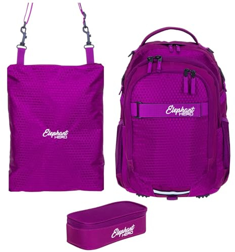 Elephant Schulrucksack Rucksack Hero 3tlg. Set 12993 Wild Berry rtm | Mädchen Jungen Schwarz Grau Signature Schultasche Laptopfach Rucksack Mäppchen Attach Bag Turnbeutel Violett