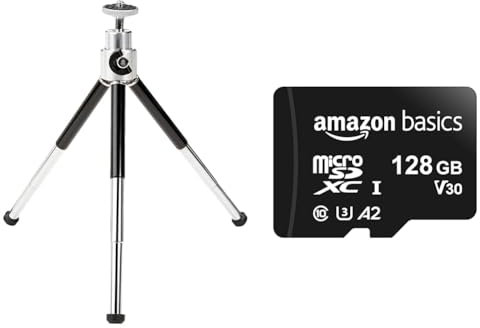 Amazon Basics Tabletop & Travel Tripods, Extendable Lightweight Mini Tripod + Amazon Basics Micro SD Cards, 128 gb