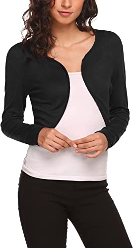 Hotouch Boléro Femme Tricot Court Cardigan Gilet Manches Longues Veste Boléro Décontracté Haut Ouvert Devant Cardigan Elégante Top A_Noir S