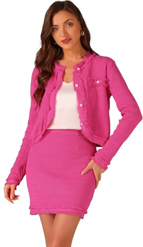 Set Gonna 2 Pezzi in Maglia Allegra K per Donna, Outfit Business Casual, Manica Lunga, Giacchetto Corto, Rosa caldo, S