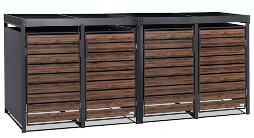Zelsius Mülltonnenbox 4er mit Pflanzdach für 4 Tonnen | 120-240 Liter | Anthrazit RAL 7016 | Tür in dunkelbrauner Holzoptik mit Erweiterungsmöglichkeit | Mülltonnenverkleidung