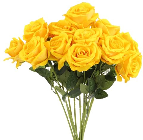 QUARKZMAN 12pz Rose Gialle Fiori Artificiali, Rose Velluto Vero Tocco Rose Finte con Steli per Decorazioni per Casa Bouquet da Sposa Decorazioni per Ufficio Hotel