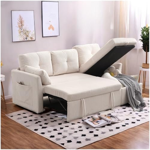 Sapgaks Ecksofa, ausklappbar, mit Sitzgelegenheiten und Armlehnentaschen, ausziehbares Sofa mit Streifenform, 3-Sitzer-Sofa, Samt (beige)