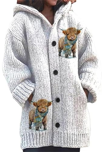 kewing Autumn Winter Women's Long Cardigans Highland Cow 3D Printed Hooded Knit Overcoat Warm Open Front Button Down Sweater Jumpers Fashion Y2K Ladies Cardigan