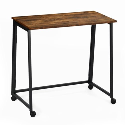 MEUBLE COSY Scrivania Pieghevole con Ruote Postazione di Lavoro Tavolo da Studio per Ufficio, Studio, Camera da Letto, Struttura in Metallo, Stile Industriale, Marrone