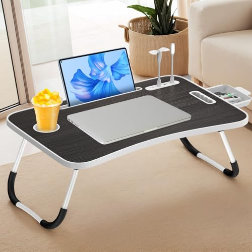 Huracan Plateau de lit Pliable, Support PC Portable Lit Table pour Ordinateur Portable avec Ports USB/Tiroir/Porte Gobelet/Poignée/Lampe LED, Bureau PC de Lits pour Canapé, Sol (60x40cm, Noir)