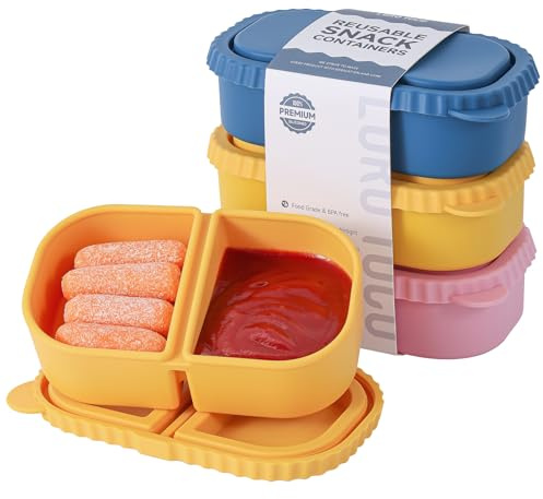 LOROTOCO 3 Pack Silicone Reusable Snack Containers with Lids - 8 oz Double Compartment Snackle Box for Kids & Adults, BPA-Free & Leakproof, Small for Dressing, Snacks, School, Office, Picnic
