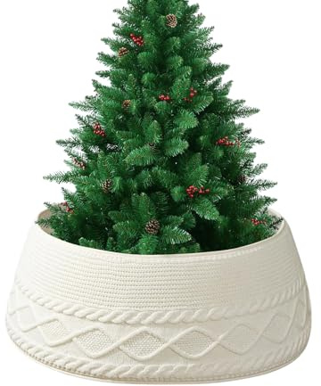 Collar de árbol de Navidad de Punto, Crema Cruzado de Diamantes con Cable Grueso Collars de árbol de Navidad, Cubierta de Base de Soporte rústico de Granja