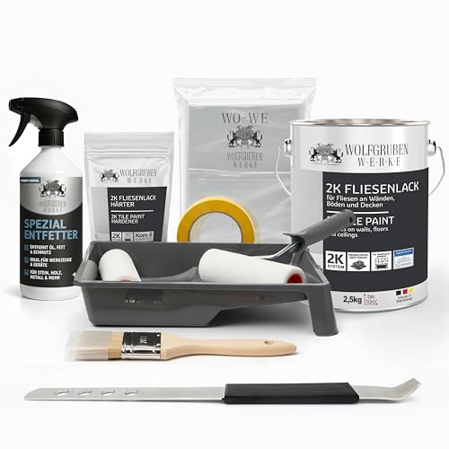 WO-WE Komplettset 2K Fliesenlack Renovierungsset für Küche, Badezimmer, Wand- & Bodenfliesen Anthrazitgrau 2,5Kg