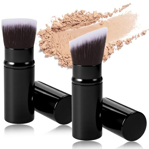 2 piezas de brochas de maquillaje retráctiles, cepillo kabuki de viaje con ángulo, cepillo de polvos y colorete portátil, cepillo mezclador para colorete, protector solar, bronceador, pulido