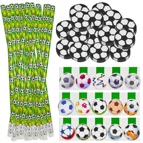JNEYVIC 15 Stück Fußball Bleistifte Mitgebsel Fussball Stifte | mit 15 Fußball Magnetische Lesezeichen und 15 Radiergummi Fussball Bleistift Set für Schreibwaren Gastgeschenke Fußballfan