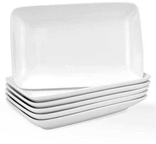 MSYU Set of 6 Rectangular Serving Platters, 10 inch / 25cm White Ceramic Serving Dishes, Premium Porcelain Trays for Sandwiches, Sushi, Desserts & Side Dishes, Ideal for Dinner Parties & Catering