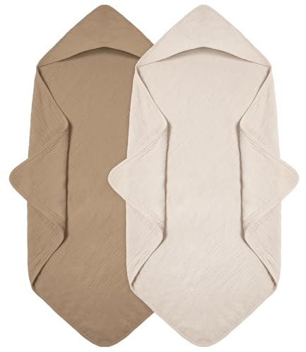 Huvhandduk baby 2-pack, muslinbomull, babyhandduk, huva, mjuk och absorberande babyhandduk med huva, lämplig för nyfödda och spädbarn 0–18 månader, 76 x 76 cm, Brun