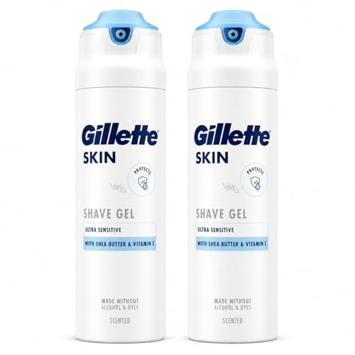 Gillette Skin Ultra Sensitive Shave Gel for Men, Pack of 2 x 200ml, Hydrating Shaving Gel with Shea Butter & Vitamin E, Alcohol & Dye Free, Smooth Comfortable Shave for Sensitive Skin