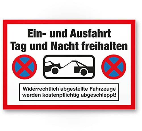 Komma Security Ein- und Ausfahrt Tag- und Nacht Freihalten Schild 30 x 20 cm Warnhinweis - abschleppen Hinweisschild Einfahrt - auch gegenüber Parken verboten - Parkverbot Halteverbot