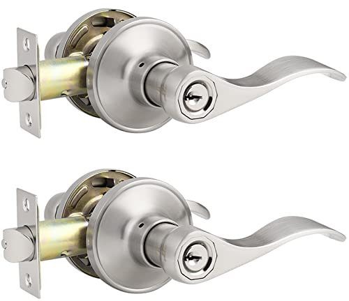 Probrico 2 Pack Entry Door Knob with Key Stainless Steel Exterior Door Handle Wave Security Front Door Lock Set Satin Nickel