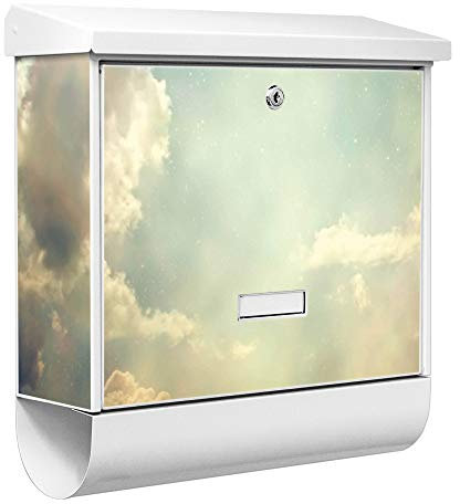 banjado® Burgwächter Briefkasten Weiß 38x39x12cm mit Motiv Himmel Vintage/Briefkasten mit Zeitungsfach/Briefkasten mit Zeitungsrolle/Postkasten inkl. Montagematerial & 2 Schlüsseln