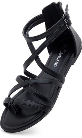 Shoe Land Gladiator Sandals for Women – Strappy Flat Sandals with Ankle Strap & Back Zipper | Fisherman Thong Strappy Style for Walking, & Daily Wear | Trendy 2025 Summer, Black, Size 8.0, SL-Monaco