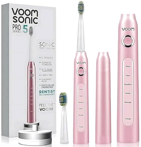 Voom Sonic Pro 5 elektrisk tandborste för vuxna – ultraljud elektriska tandborstar med utbytesborsthuvud, tandläkare rekommenderad Power Sonic tandborste med 5 lägen
