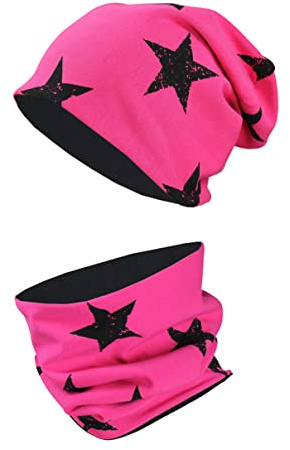 TupTam Mütze Kinder & Schlauchschal Set – Beanie Kinder für Herbst & Winter, Warme Mütze Jungen & Mädchen Oeko-TEX, Farbe: Sterne Schwarz/Pink, Größe: 56-58