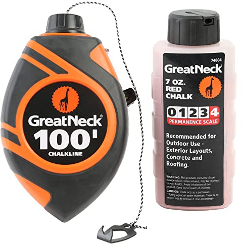 Great Neck 74602 6 To 1 Chalk Reel with Red Chalk, Retractable Chalk Line and Chalk Refill Bottle, Plumb Line Chalk Kit, Straight Line Tool