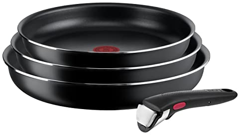 Tefal Ingenio Easy On Lot de 3 poêles de 22/24/26 cm, antiadhésifs, revêtement titane, thermosignal, poignée amovible, passe au lave-vaisselle et au four, ne convient pas à induction.