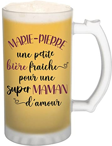 Planetee Chope de bière Marie-Pierre Super Maman | Verre Alcool Pinte Prénom Idée Cadeau Fête des Mères original | Imprimé en France