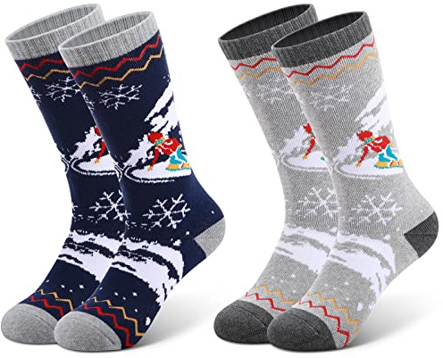 Sintege 2 Pares Calcetines de Esquí Patinaje Snowboard de Niño Calcetines Térmicos Antideslizantes (Color Oscuro, Estilo Clásico)