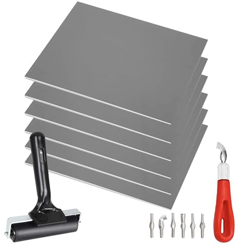 Pixiss Printmaking Supplies - Bloques de linóleo para impresión (paquete de 6) 8 x 10 x 1/8 pulgadas y herramientas de linograbado - Rodillo de goma y herramienta de tallado de linóleo para kit de