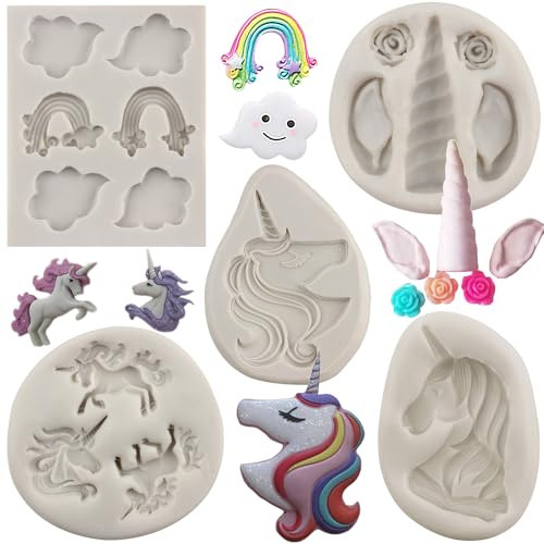 MYPRACS 5 Stück Einhorn Silikonform Einhorn Formen Regenbogen Wolken Fondant Formen Einhorn Ohrhörner Schokoladenformen für Süßigkeiten Kuchendekoration Cupcake Topper Gummipaste Polymer Ton | Einhorn-Formen mit Ohrhörnern, Schokoladenformen, Süßigkeiten, Kuchen, Dekoration, Cupcake-Topper, Gummipaste, Polymerton