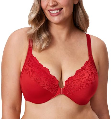 DELIMIRA Kvinnors Främre Stängning Plus Size Full Täckning Spets Bygel Racerback Bh Lipstick Red 80C
