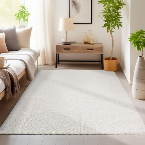 HomebyHome Teppich 120x170 cm Creme, Einfarbig & Weich, Moderner Schlingenflor für Wohnzimmer oder Schlafzimmer, Pflegeleicht & Dekorativ