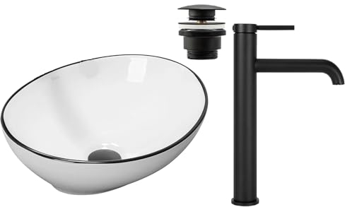 GTM Design Aufzatzwaschbecken mit Armatur-Waschbecken mit Hahn-Waschbeckenarmatur schwarz Matt - Aufzatzwaschbecken Oval - Waschbecken Weiß/Schwarz Matt - Aufsatzwaschbecken mit Armatur komplett Set
