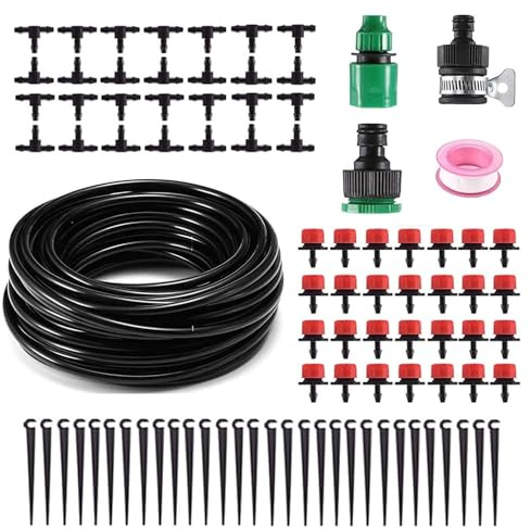82FT Drip Irrigation System Kit - Garden Watering System with 1/4 Drip Irrigation Tubing Parts - Automatic Irrigation Sprinkler Equipment for Outdoor Plants, Garden, Greenhouse, Flower Bed, Lawn